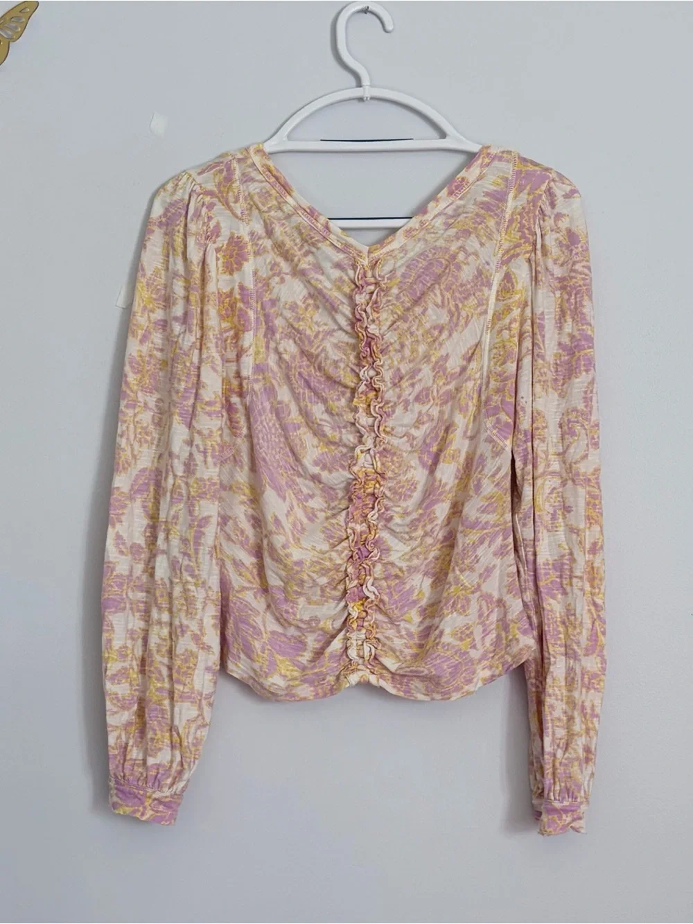 Free People Pink & Cream Floral Ruched V-Neck Top